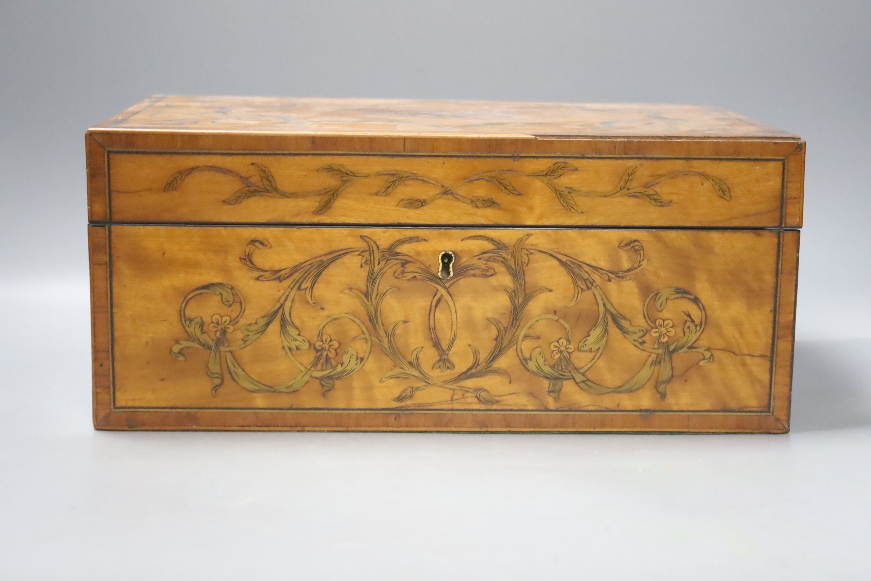 An early Victorian floral marquetry and satinwood writing slope, 35cm